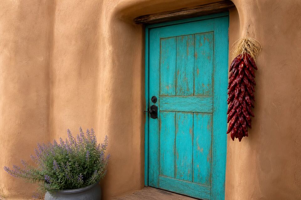 Turquoise wooden door set in a smooth earth-tone stucco wall in Santa Fe